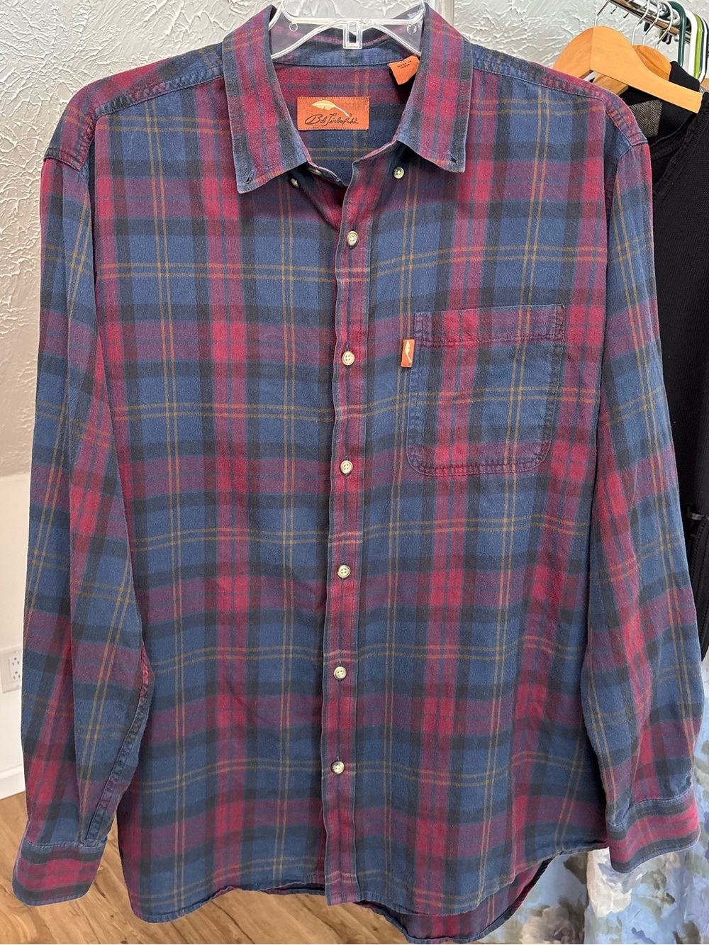 Red and blue plaid flannel, soft and worn in, Bob Timberlake size XL